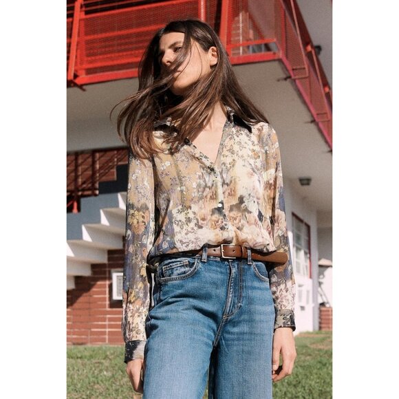 Zara METALLIC THREAD PRINT BLOUSE Sheer Boho Floral Women's XL Long Sleeve - Picture 1 of 11